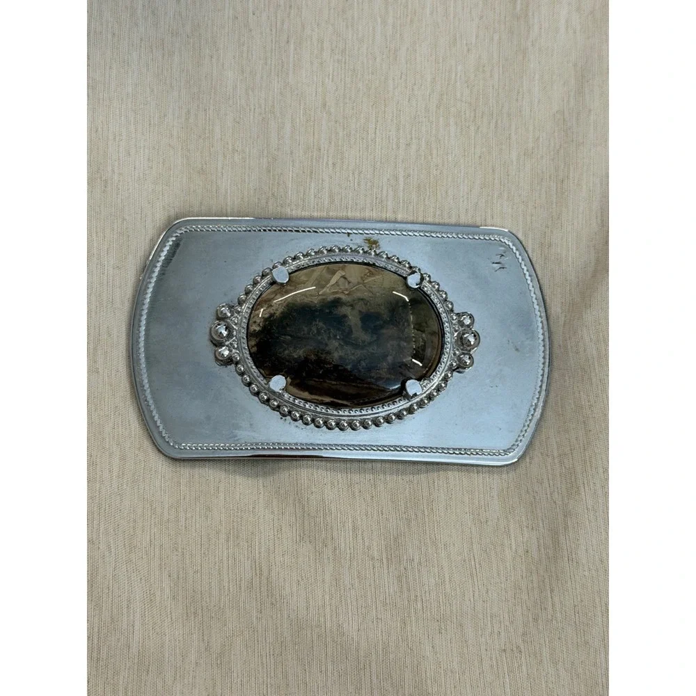Rare Vintage Belt Buckle Silver Good Agate Stone Inlay Western Cowboy